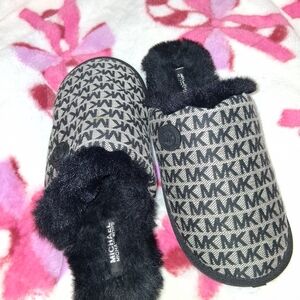 Michael Kors MK Logo Faux Fur Lined Slippers - Black/Taupe